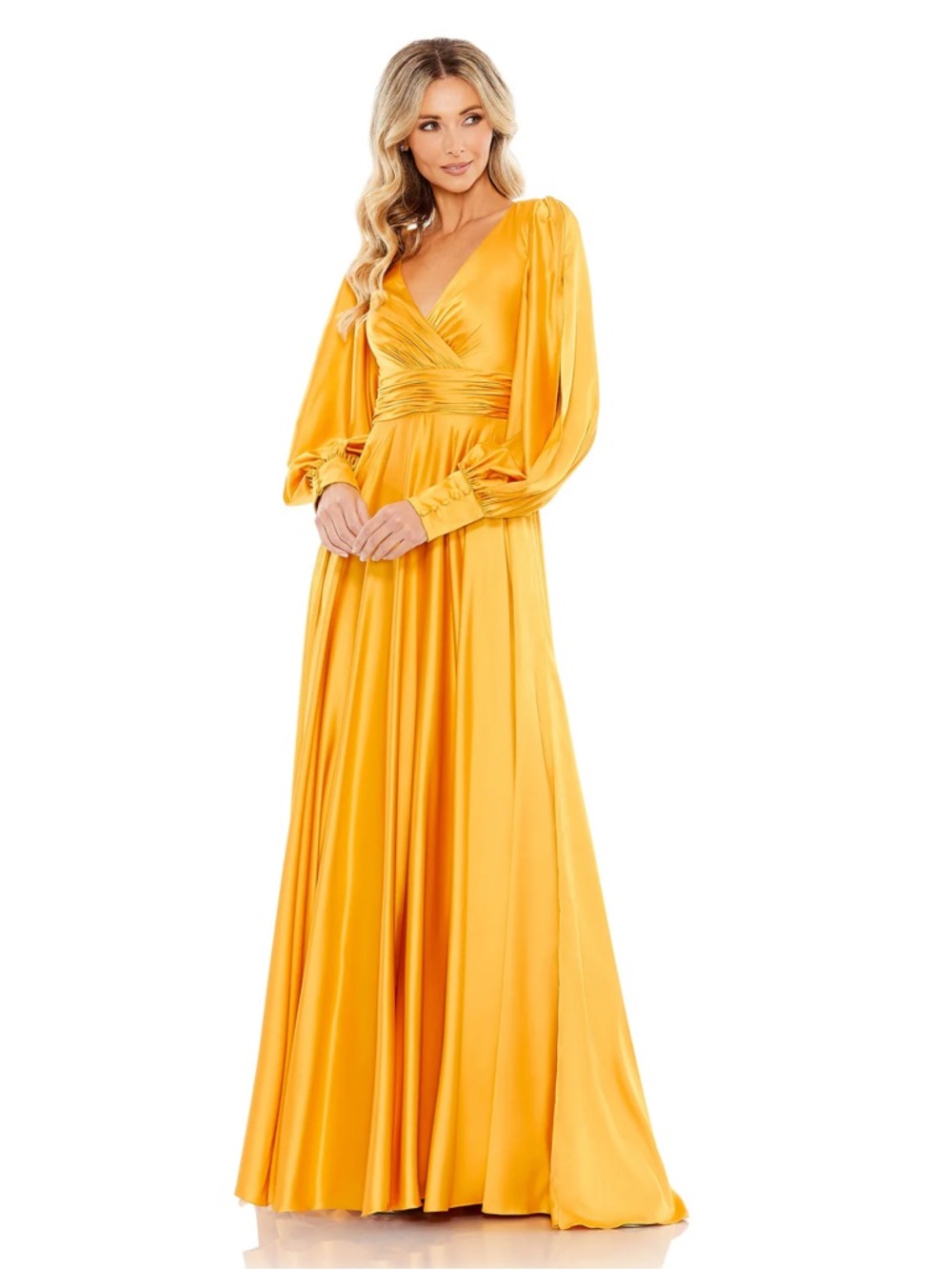 Mac Duggal Faux Wrap Open Sleeve Maxi Dress